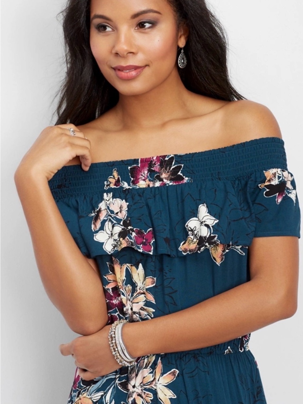 Maurices Teal Off-Shoulder Floral Maxi Dress